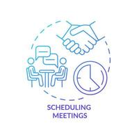 Scheduling meetings blue gradient concept icon. Coordinate calendars abstract idea thin line illustration. Booking meetings. Isolated outline drawing. Roboto-Medium, Myriad Pro-Bold fonts used vector