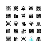 Data mining black glyph icons set on white space. Knowledge discovering in data. Analyze and storage information. Science and technology. Silhouette symbols. Vector isolated illustration