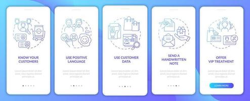 Customer assistance tips blue gradient onboarding mobile app screen. Walkthrough 5 steps graphic instructions pages with linear concepts. UI, UX, GUI template. Myriad Pro-Bold, Regular fonts used vector