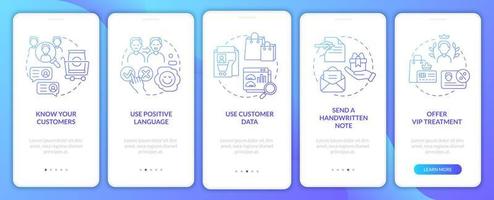 Customer assistance tips blue gradient onboarding mobile app screen. Walkthrough 5 steps graphic instructions pages with linear concepts. UI, UX, GUI template. Myriad Pro-Bold, Regular fonts used vector