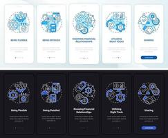 Company budget night and day mode onboarding mobile app screen. Walkthrough 5 steps graphic instructions pages with linear concepts. UI, UX, GUI template. Myriad Pro-Bold, Regular fonts used vector