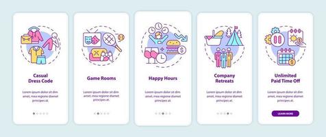 Office environment perks onboarding mobile app page screen vector