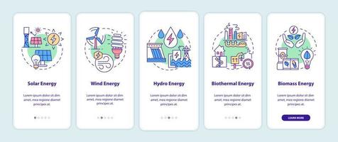 Types of renewable energy sources onboarding mobile app page screen vector