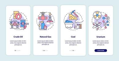 Types of nonrenewable energy sources onboarding mobile app page screen vector