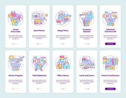 Employee perks onboarding mobile app page screen set vector