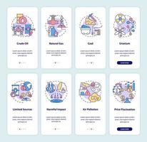 Nonrenewable sources and ecology onboarding mobile app page screen set vector