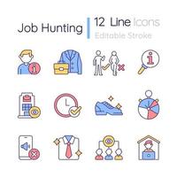 Job hunting RGB color icons set. Office outfit. Human resource. Recruitment process. Interview etiquette. Employment. Isolated vector illustrations. Simple filled line drawings collection