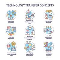 conjunto de iconos de concepto de transferencia de tecnología. implementación de la innovación. desarrollo de alianzas corporativas. idea ilustraciones en color de línea delgada. dibujos de contorno aislados vectoriales. trazo editable vector