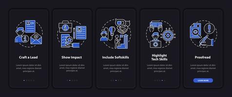 Writing cv dark onboarding mobile app page screen. Walkthrough 5 steps graphic instructions with concepts. Curriculum vitae. UI, UX, GUI vector template with linear night mode illustrations