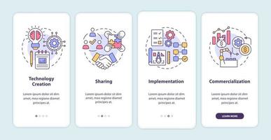 Tech transfer levels onboarding mobile app page screen. Creation and sharing walkthrough 4 steps graphic instructions with concepts. UI, UX, GUI vector template with linear color illustrations