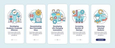 Tech transfer benefits onboarding mobile app page screen. Developing innovations walkthrough 5 steps graphic instructions with concepts. UI, UX, GUI vector template with linear color illustrations
