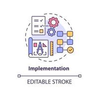 icono del concepto de implementación. integración de nuevas soluciones tecnológicas. ejecución del plan. realización del proyecto idea abstracta ilustración de línea delgada. dibujo de color de contorno aislado vectorial. trazo editable vector