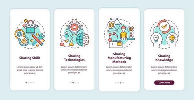 Transfer methods onboarding mobile app page screen. Sharing skills and technologies walkthrough 4 steps graphic instructions with concepts. UI, UX, GUI vector template with linear color illustrations