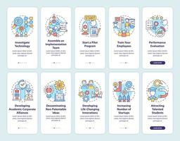 Technology transfer onboarding mobile app page screen. Sharing innovation and data walkthrough 5 steps graphic instructions with concepts. UI, UX, GUI vector template with linear color illustrations