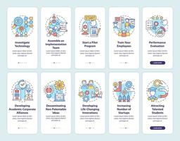 Technology transfer onboarding mobile app page screen. Sharing innovation and data walkthrough 5 steps graphic instructions with concepts. UI, UX, GUI vector template with linear color illustrations