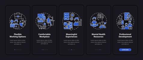 Employee benefits dark onboarding mobile app page screen. Workplace perks walkthrough 5 steps graphic instructions with concepts. UI, UX, GUI vector template with linear night mode illustrations