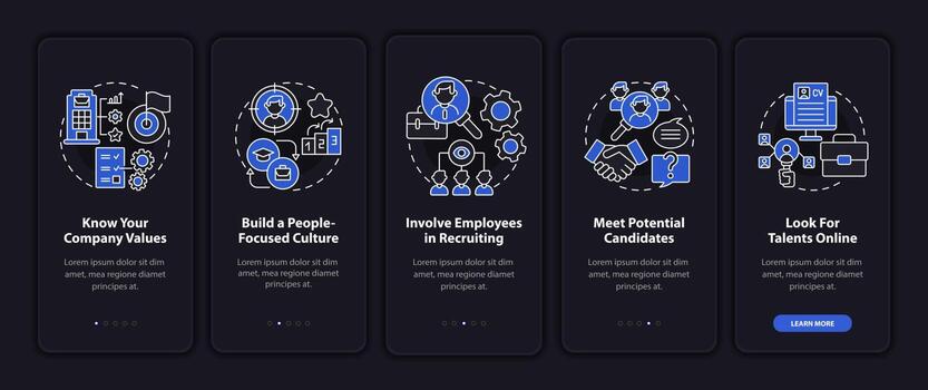 Attracting top clients dark onboarding mobile app page screen. Employees hunt walkthrough 5 steps graphic instructions with concepts. UI, UX, GUI vector template with linear night mode illustrations