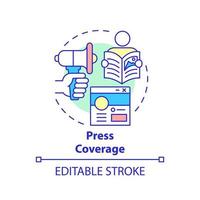 Press coverage concept icon. Social entrepreneurship abstract idea thin line illustration. Promotion on social media. Information broadcasting. Vector isolated outline color drawing. Editable stroke