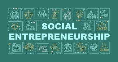 Social entrepreneurship features word concepts banner. Social business. Infographics with linear icons on green background. Isolated creative typography. Vector outline color illustration with text