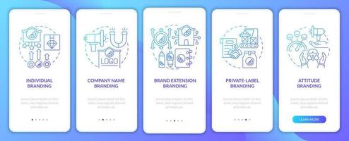 Types of branding strategies gradient onboarding mobile app page screen. Business walkthrough 5 steps graphic instructions with concepts. UI, UX, GUI vector template with linear color illustrations