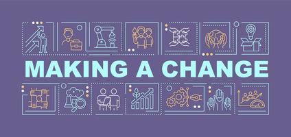 Making change and transformation word concepts banner. Social enterprise. Infographics with linear icons on purple background. Isolated creative typography. Vector outline color illustration with text
