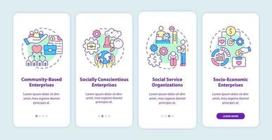 Social entrepreneurship focus onboarding mobile app page screen. Social business walkthrough 4 steps graphic instructions with concepts. UI, UX, GUI vector template with linear color illustrations