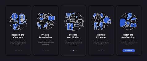 Preparing for job interview dark onboarding mobile app page screen. Practice walkthrough 5 steps graphic instructions with concepts. UI, UX, GUI vector template with linear night mode illustrations