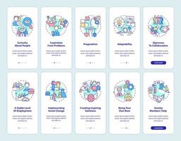 Social business onboarding mobile app page screen set. Benefits and characteristics walkthrough 5 steps graphic instructions with concepts. UI, UX, GUI vector template with linear color illustrations