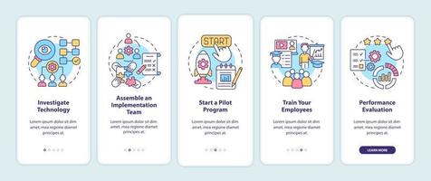 Technology implementation steps onboarding mobile app page screen. Pilot program walkthrough 5 steps graphic instructions with concepts. UI, UX, GUI vector template with linear color illustrations