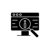 Researching information online black glyph icon. Collecting data via internet. Performing effective searches. Internet-based resources. Silhouette symbol on white space. Vector isolated illustration