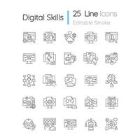Digital skills linear icons set. Gaining literacy competencies in digital era. Technological proficiency. Customizable thin line contour symbols. Isolated vector outline illustrations. Editable stroke