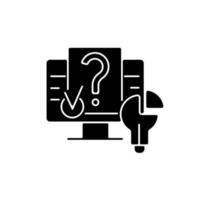 Digital problem solving black glyph icon. Presenting solution through software. Solving technical problems. Using digital environment. Silhouette symbol on white space. Vector isolated illustration