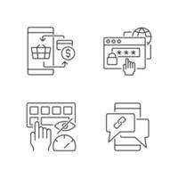 Dealing with digital technology linear icons set. Personal security. Contactless payment. Blind typing. Customizable thin line contour symbols. Isolated vector outline illustrations. Editable stroke