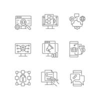 Digital proficiency linear icons set. Internet safety. Cloud solutions. Promotion strategy. Customizable thin line contour symbols. Isolated vector outline illustrations. Editable stroke