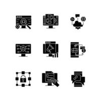 Digital proficiency black glyph icons set on white space. Identifying risks. Internet safety. Cloud solutions. Cashless payment. Promotion strategy. Silhouette symbols. Vector isolated illustration