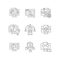 Digital literacy skills linear icons set. Manage digital content. Social networks. Computer algorithms. Customizable thin line contour symbols. Isolated vector outline illustrations. Editable stroke