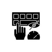 Touch typing black glyph icon. Computer keyboard skills. Blind typing. Increasing speed. Improving accuracy. Building muscle memory. Silhouette symbol on white space. Vector isolated illustration