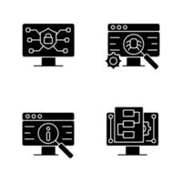 Use of digital technologies black glyph icons set on white space. Staying safe online. Software testing. Product promotion. Digital project management. Silhouette symbols. Vector isolated illustration