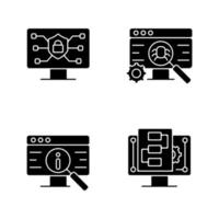 Use of digital technologies black glyph icons set on white space. Staying safe online. Software testing. Product promotion. Digital project management. Silhouette symbols. Vector isolated illustration