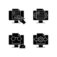 Proficiency in document management black glyph icons set on white space. Digital writing. Speed reading. Decision making. Creating online documents. Silhouette symbols. Vector isolated illustration