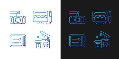 Dental devices gradient icons set for dark and light mode. Lightening oral cavity. Sterilizer box. Thin line contour symbols bundle. Isolated vector outline illustrations collection on black and white