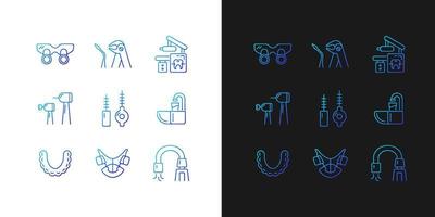 Dental visit gradient icons set for dark and light mode. Orthodontic appliances. Tooth extraction. Thin line contour symbols bundle. Isolated vector outline illustrations collection on black and white