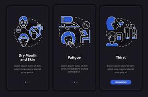 Dehydration symptoms dark onboarding mobile app page screen. Fluid loss walkthrough 3 steps graphic instructions with concepts. UI, UX, GUI vector template with linear night mode illustrations