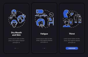 síntomas de deshidratación pantalla de página de aplicación móvil de incorporación oscura. tutorial de pérdida de fluidos instrucciones gráficas de 3 pasos con conceptos. ui, ux, plantilla vectorial gui con ilustraciones lineales en modo nocturno vector