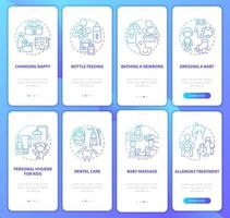 Raising child blue gradient onboarding mobile app page screen set. Health care walkthrough 4 steps graphic instructions with concepts. UI, UX, GUI vector template with linear color illustrations