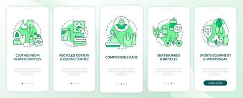 Clothes from upcycled materials onboarding mobile app page screen. Trash recycling walkthrough 5 steps graphic instructions with concepts. UI, UX, GUI vector template with linear color illustrations