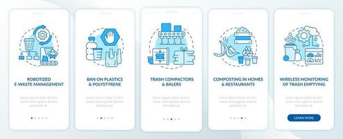 Innovaciones en el reciclaje de basura incorporando la pantalla de la página de la aplicación móvil. Instrucciones gráficas de 5 pasos para el procesamiento de residuos con conceptos. ui, ux, plantilla vectorial gui con ilustraciones en color lineal vector
