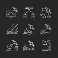 Artificial satellites chalk white icons set on dark background. Satellite tracking, navigation, positioning system. Various types of satelites. Isolated vector chalkboard illustrations on black