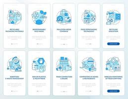 Tendencias de protección ambiental que incorporan el conjunto de pantallas de la página de la aplicación móvil. Instrucciones gráficas de 10 pasos para la reducción de la contaminación con conceptos. ui, ux, plantilla gui con ilustraciones en color lineal vector