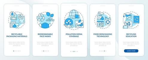 Tendencias de reciclaje de basura incorporando la pantalla de la página de la aplicación móvil. Tutorial de productos compostables 5 pasos instrucciones gráficas con conceptos. ui, ux, plantilla vectorial gui con ilustraciones en color lineal vector